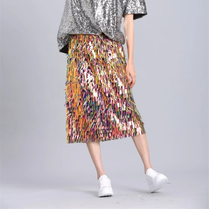 Шикарная голографическая юбка с пайетками женская летняя высокой талией для