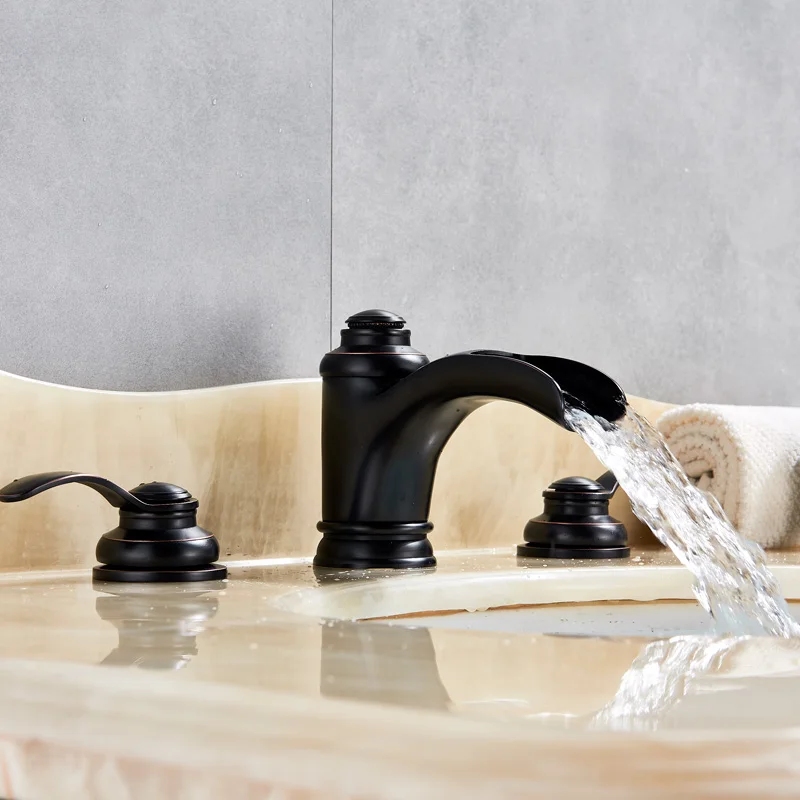 Suguword ORB Bathroom Sink Faucet Mixer Tap Hot and Cold Water Switch Dual Handle 3 Hole Widespread Install Waterfall Waterway |