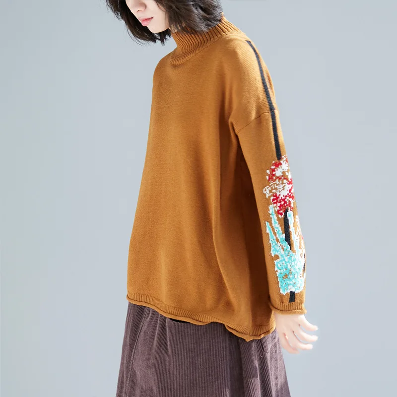 Женский вязаный пуловер с цветочной вышивкой Johnature повседневный свободный