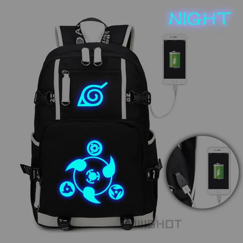 Luminous black1 WISHOT аниме Наруто Акацуки красное облако Итачи рюкзак на плечо дорожная школьная сумка Повседневная зарядка через usb для ноутбука яркие сумки - Цвет: Luminous black1