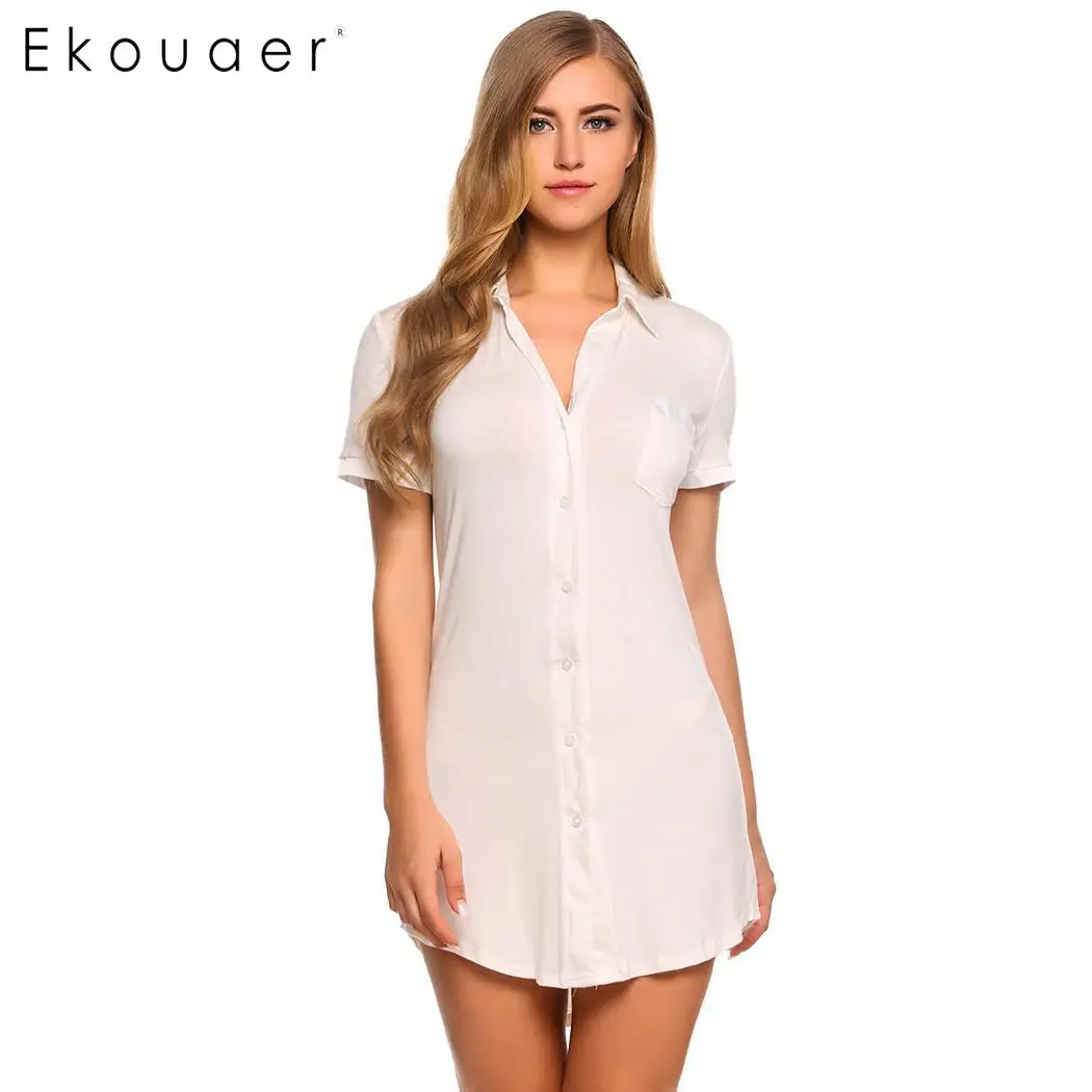 White Ekouaer, Женское ночное платье, ночная рубашка пижама, на пуговицах, короткий рукав, ночная рубашка, сорочка, ночное платье, женская домашняя одежда - Цвет: White