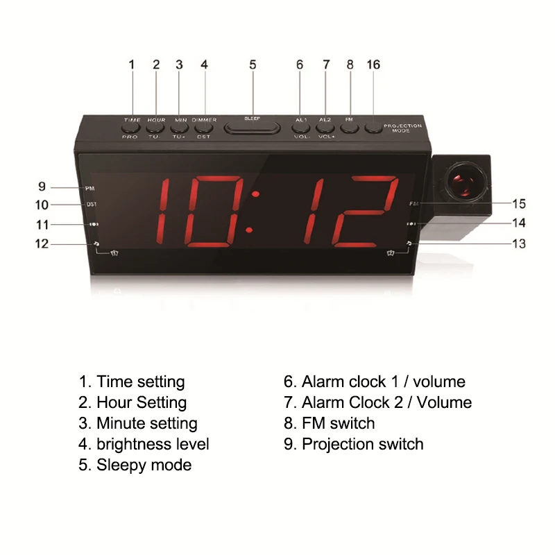 Multi-function projection clock FM Radio Alarm With Snooze Function Display Sleep Timer LED digital for bedroom | Дом и сад
