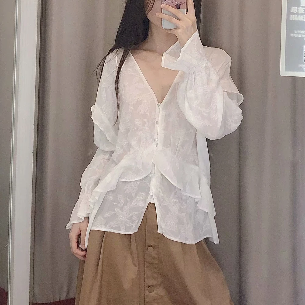 PS открытка-коробка полупрозрачная белая рубашка женская v-образный вырез талия