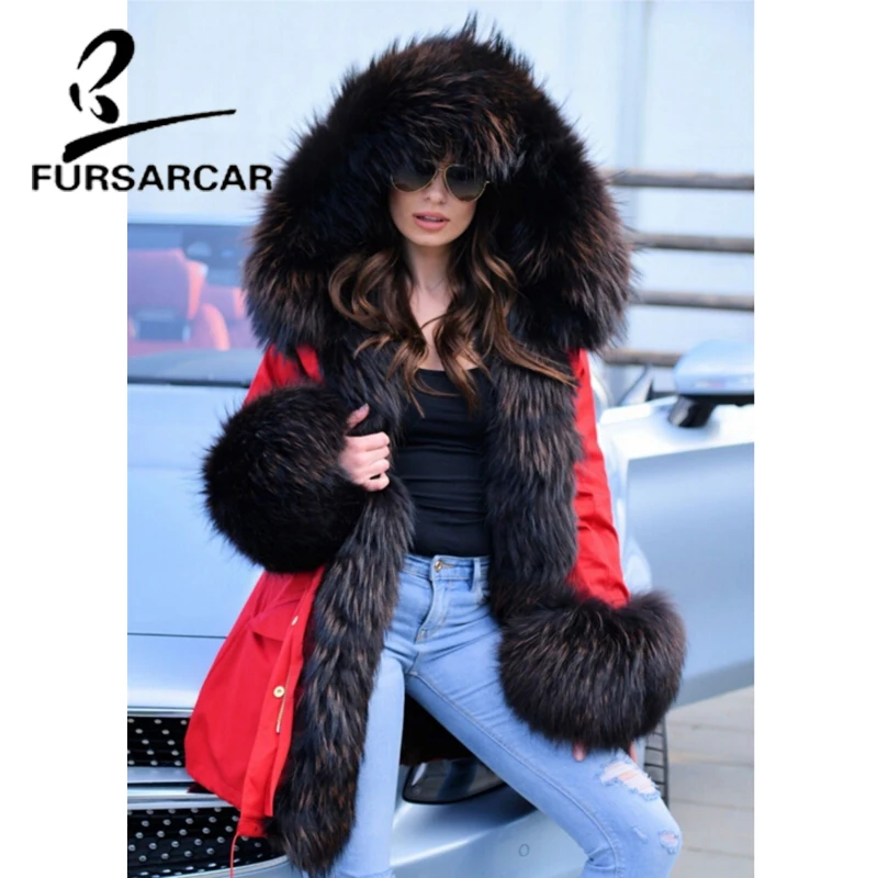 Новая стильная женская шуба FURSARCAR с отделкой из натурального меха енота на