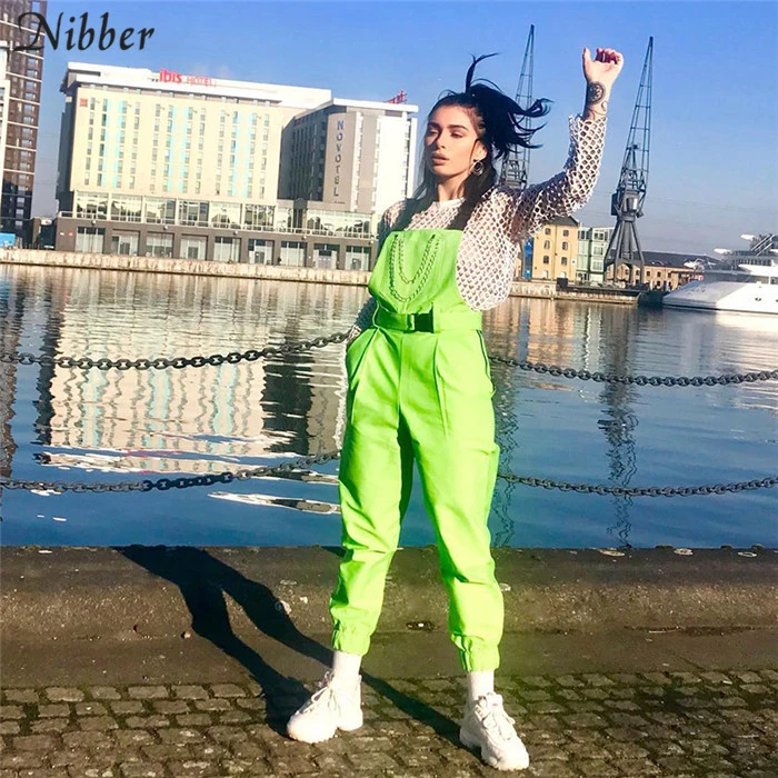 Nibber, флуоресцентный зеленый комбинезон, женские уличные черные повседневные штаны, комбинезоны, весна, горячая Распродажа, женские одноцветные комбинезоны