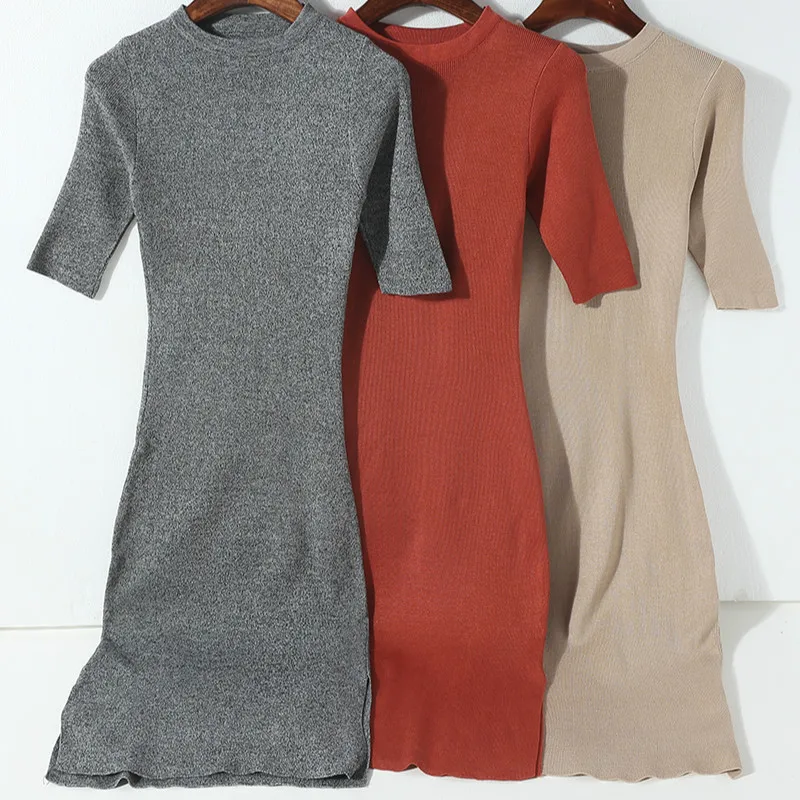 Sexy Slim Long Knitted Dress Split Bag Hip Pullover Knit Bottoming Skirt O-Neck Half Sleeved Wild Basic Sweet Tops 2018 | Женская одежда