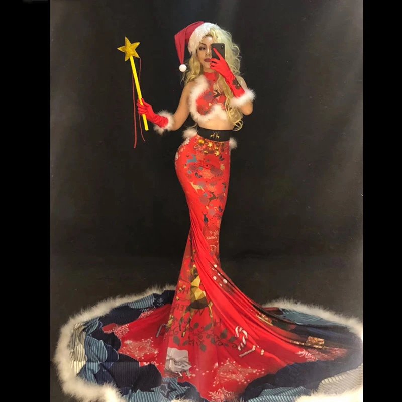 Women New Christmas Style Sexy Red Long Dress White Fluff Nightclub Party Stage Wear Celebration Dancer Costumes | Женская одежда