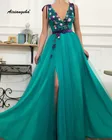 Женское длинное вечернее платье без рукавов, привлекательное зеленое платье-трапеция из тюля с V-образным вырезом и 3D цветочным поясом, Платья для особых случаев