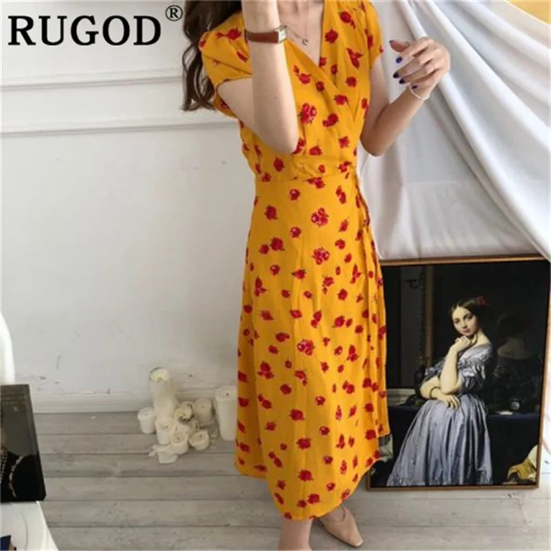 RUGOD корейское Длинное Макси на шнуровке женское платье модные с цветочным