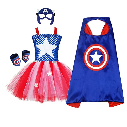 Dress with a set Платье-пачка для девочек с супергероями; цвет синий, красный, белый; Детские платья для дня рождения; Карнавальный костюм для девочек в американском стиле - Цвет: Dress with a set