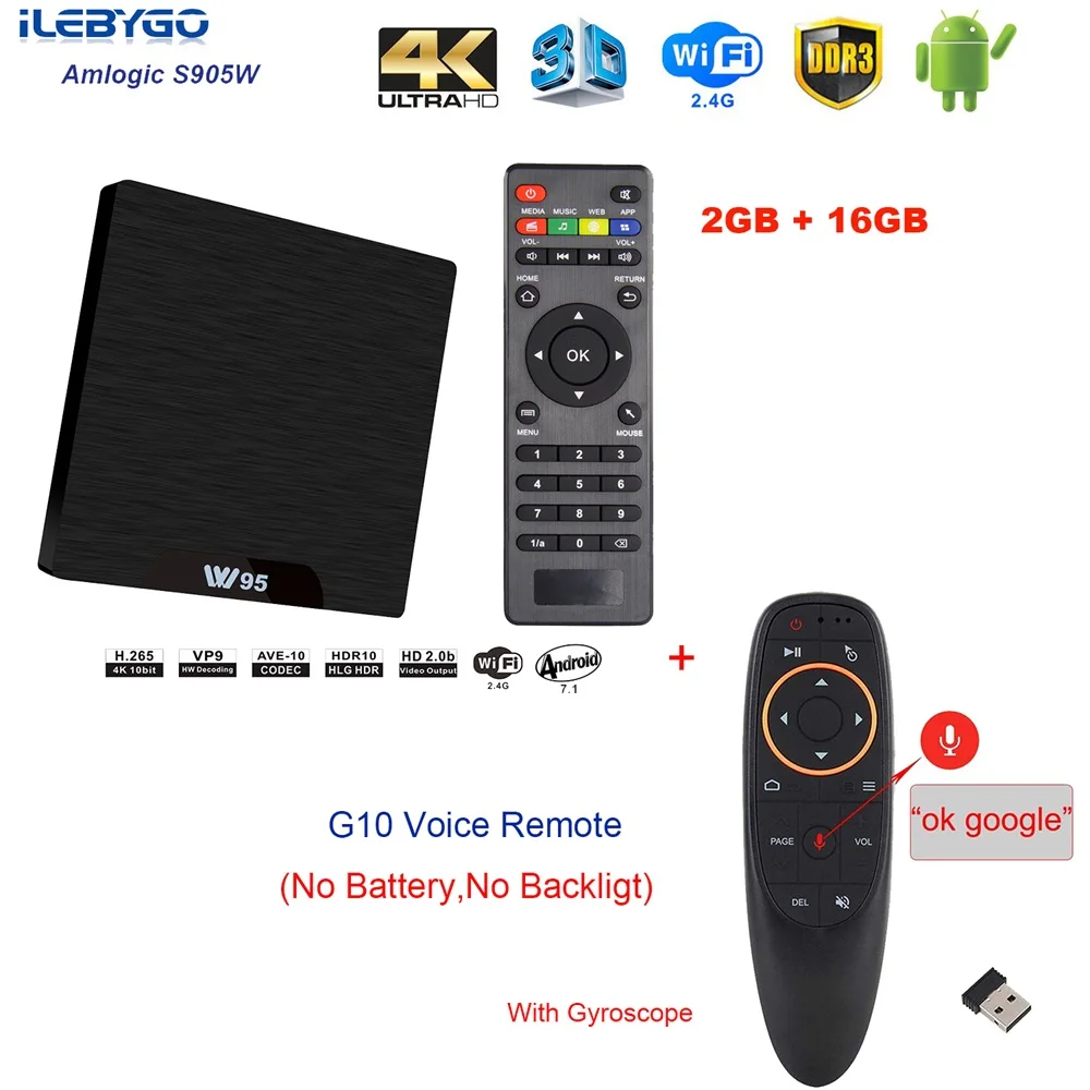 2GB 16GB G10 Ilebygo W95 Android 7,1 ТВ приставка Amlogic S905W четырехъядерный 2 Гб 16B телеприставка 2,4G Wifi HD2.0 3D H.265 4K медиаплеер PK X96 mini - Цвет: 2GB 16GB G10