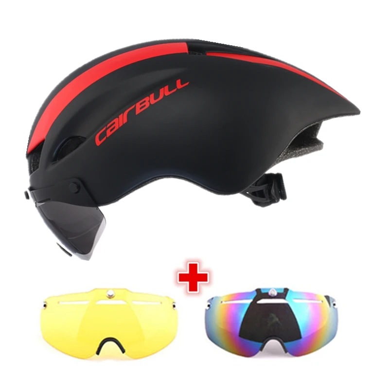 BLACK RED Велосипедный шлем с 3 линзами 300g Aero, велосипедный шлем для шоссейного велосипеда, спортивный защитный шлем для верховой езды, магнитные очки, пневматический TT велосипедный шлем Cairbull - Цвет: BLACK RED