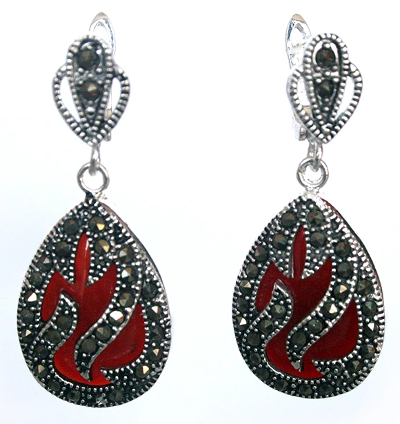 

11/2" Genuine 925 Silver & Marcasite inlay red coral Waterdrop Earrings