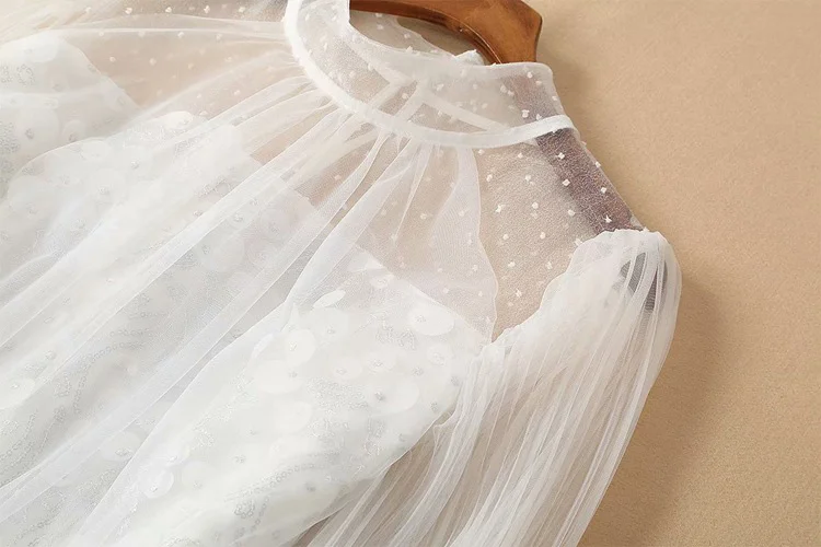 Bling пайетками see through белый/розовый Сетчатое платье Стенд воротник Длинные рукава ТРАПЕЦИЕВИДНОЕ ПЛАТЬЕ С Вышивкой летние вечерние женские платья