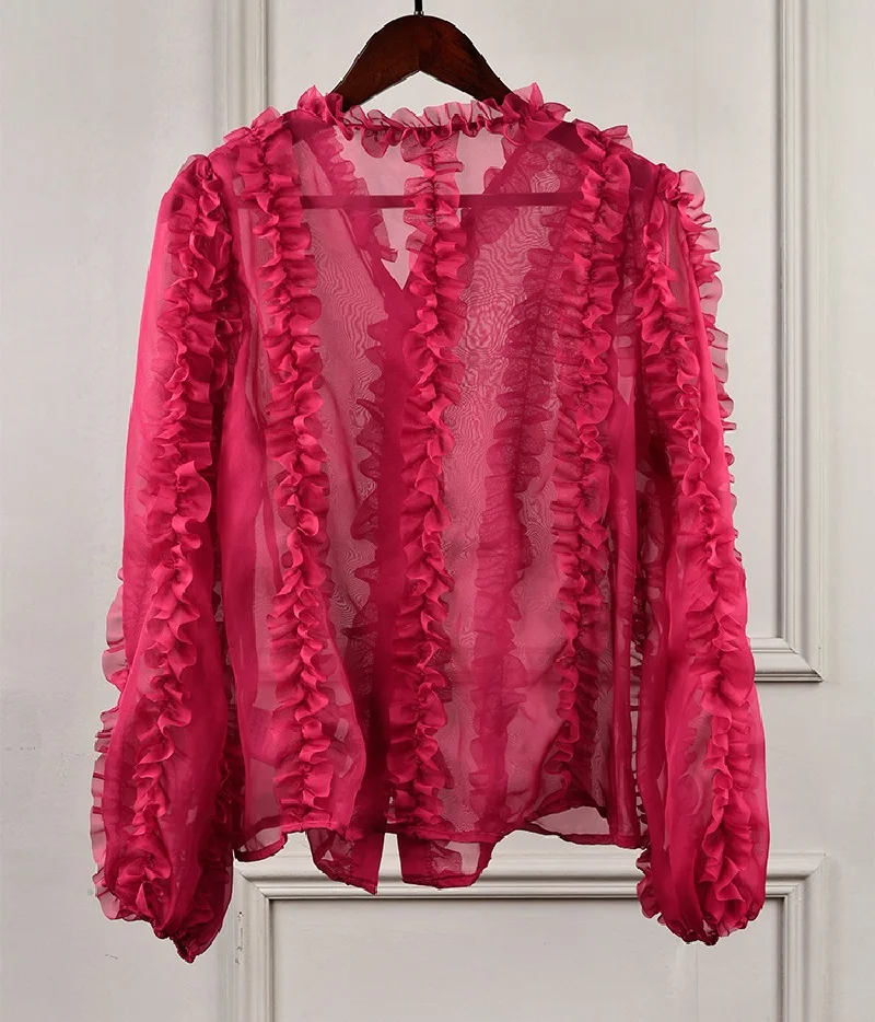 2019 Summer Party Red Ruffles Blouses Shirt Women Runway Designer Elegant Lantern Sleeve Female Tops Clothes |