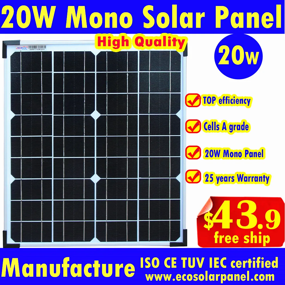 20W Solar Panel or 20 watt solar module to charge 12V battery by Germany mono cells for light power system-freeship |