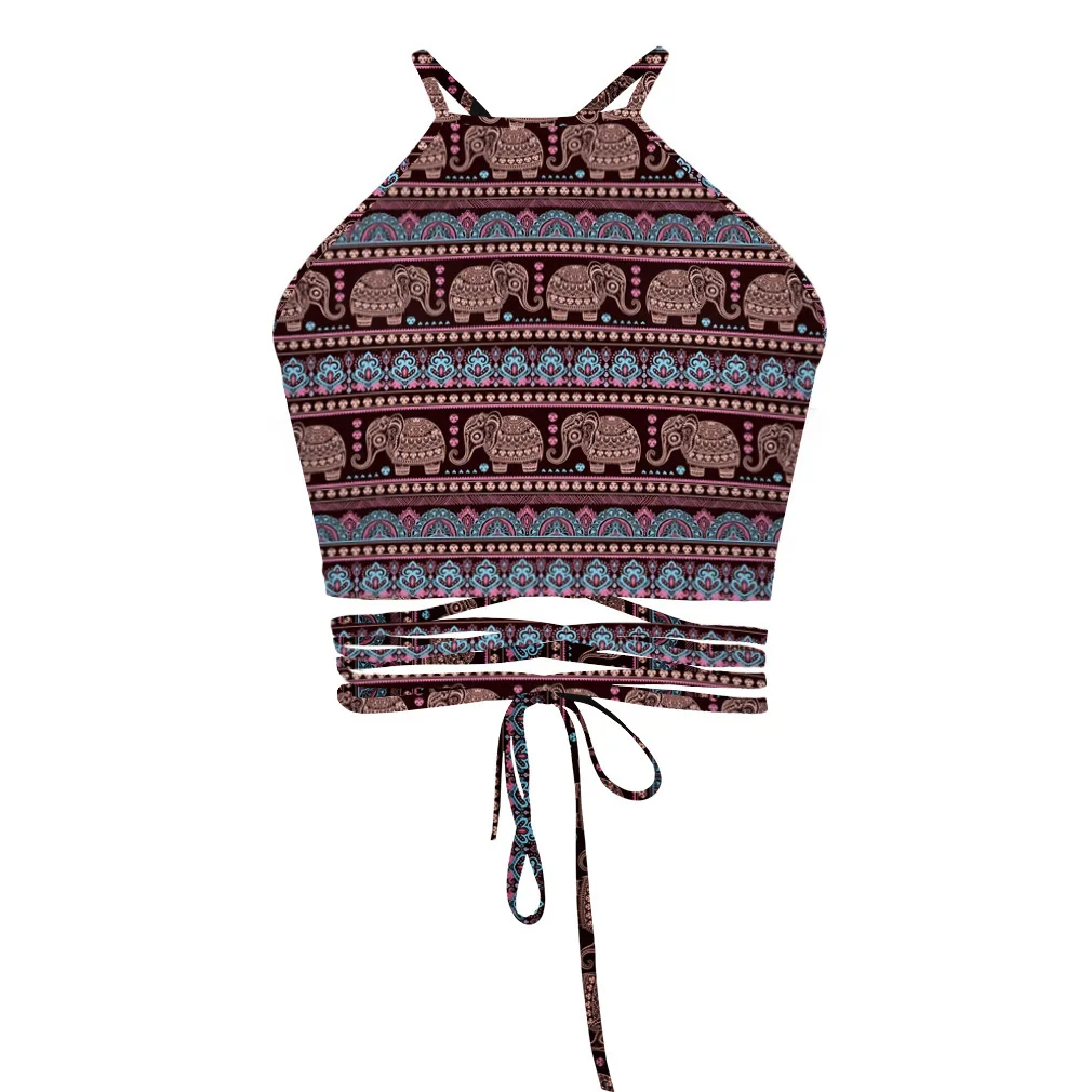 Boho абстрактный пальмовый принт Крест ремни труба топ небольшой свежий пляж сексуальный пупок жилет для женщин
