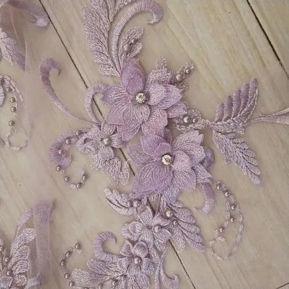 purple Телесно-розовые тяжелые бисерные Кружева с аппликацией, 3D Кружевная аппликация с жемчугом, 3d Цветочная аппликация, тяжелая аппликация вышитый цветок - Цвет: purple