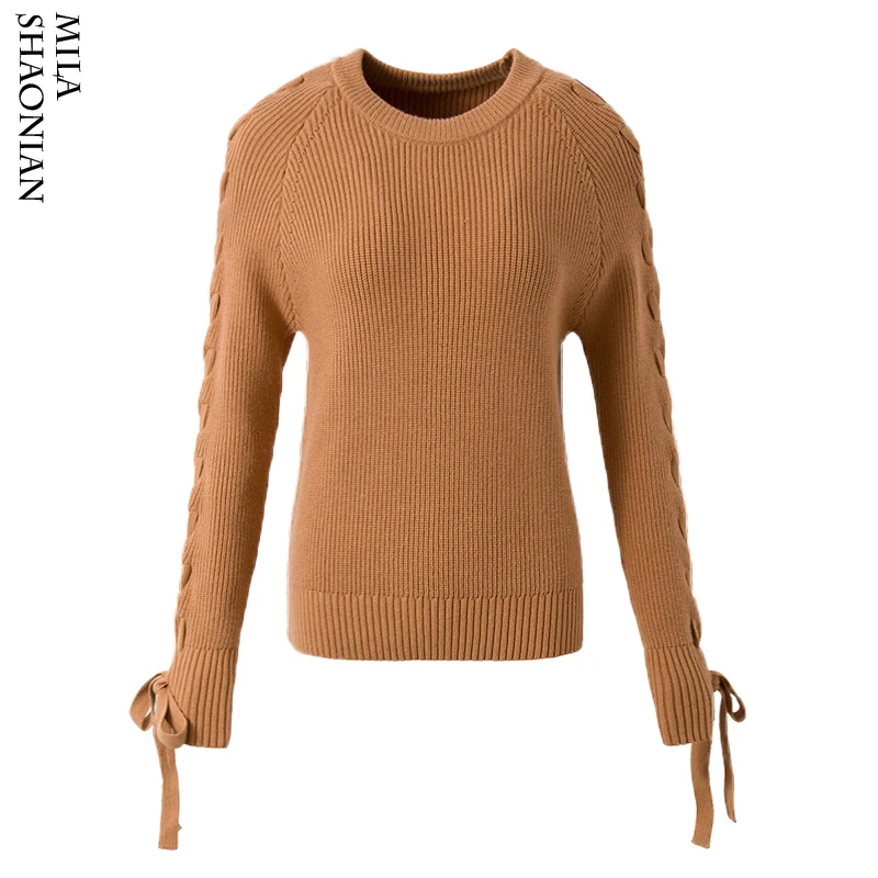 Autumn Casual Pullovers Sweater Women Lace Up Tops O-neck Long Sleeves Solid Weave Ribbons Essential Jumper Loose Sweaters 2018 | Женская