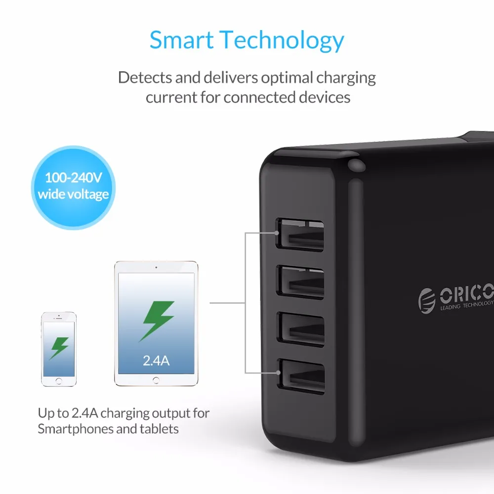 Дорожное зарядное устройство ORICO с 4 USB-портами и преобразователем 5 В 6 8 А 34 Вт |