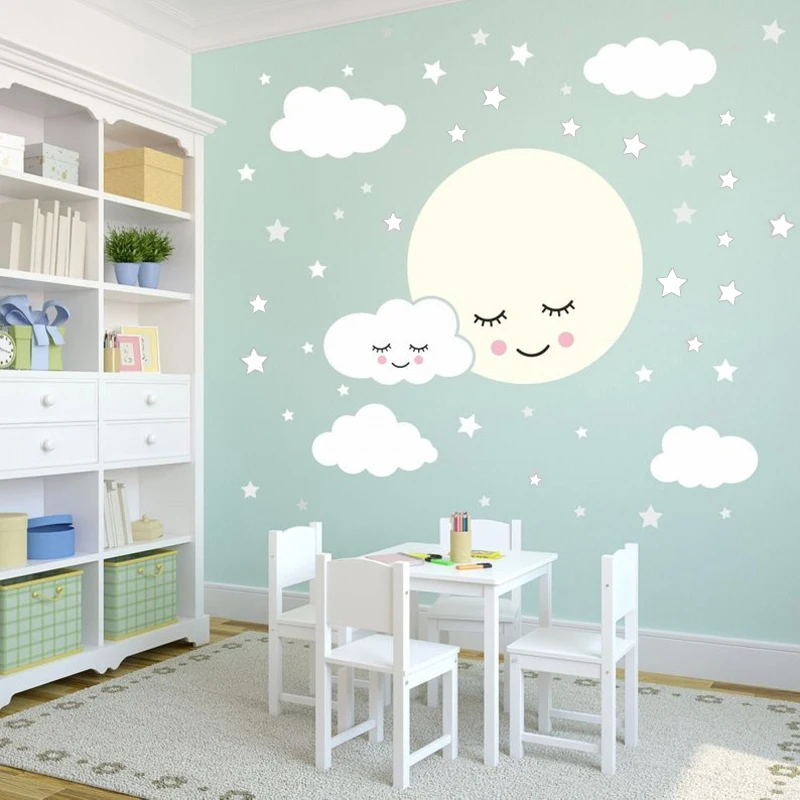 

Full Moon With Clouds Stars Wall Decal Kids Nursery Rooms Removable Wall Sticekrs Vinyl Baby Children's Room Wall Decor DIYZW487