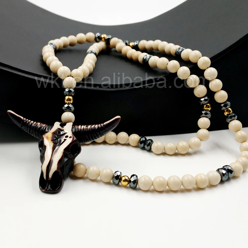 Ожерелье с длинной рожковой головкой из смолы длиной 32 дюйма шариками гематита