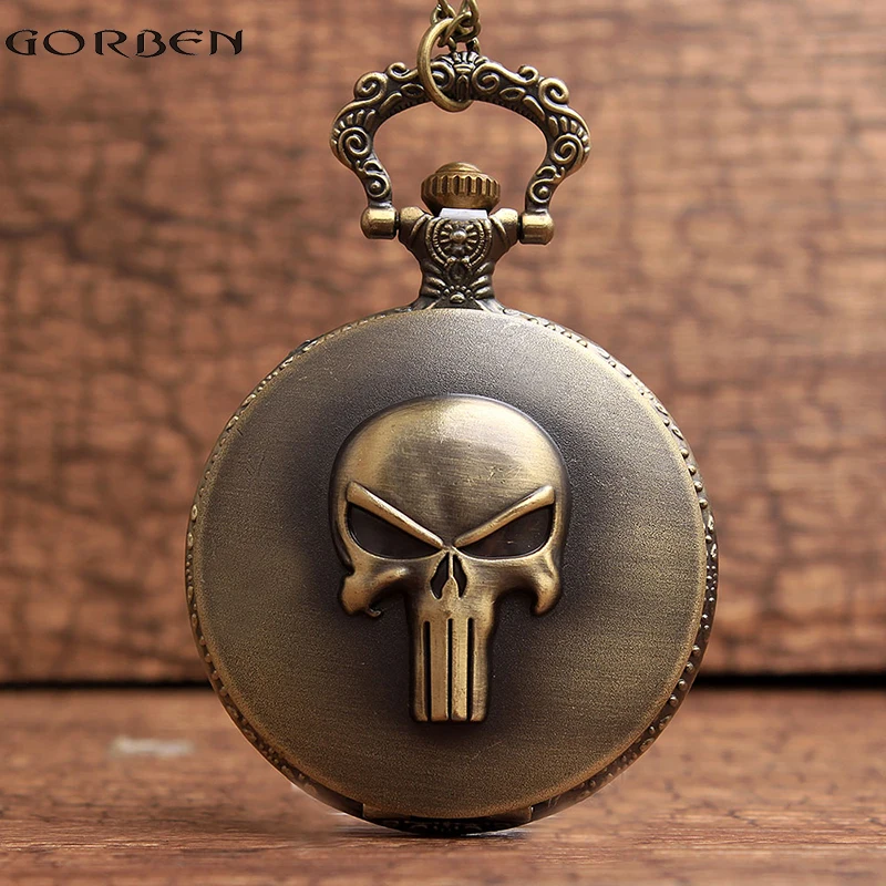 Vintage The Punisher Skull Dial Roman Numeral Quartz Pocket Watches Analog Pendant Necklace Chain Relogio Men Boys Watches Gift new hot sale cool black bronze deadpool marvel men s pocket watches pendant chain men boys quartz pocket watch relogio masculino