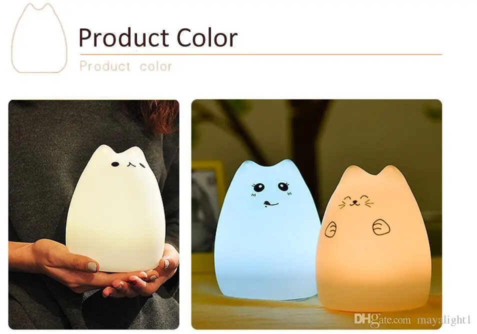 Colorful Cat Silicone LED Night Light Rechargeable Touch Sensor 2 Modes Children Cute Lamp Bedroom with remote switch | Лампы и
