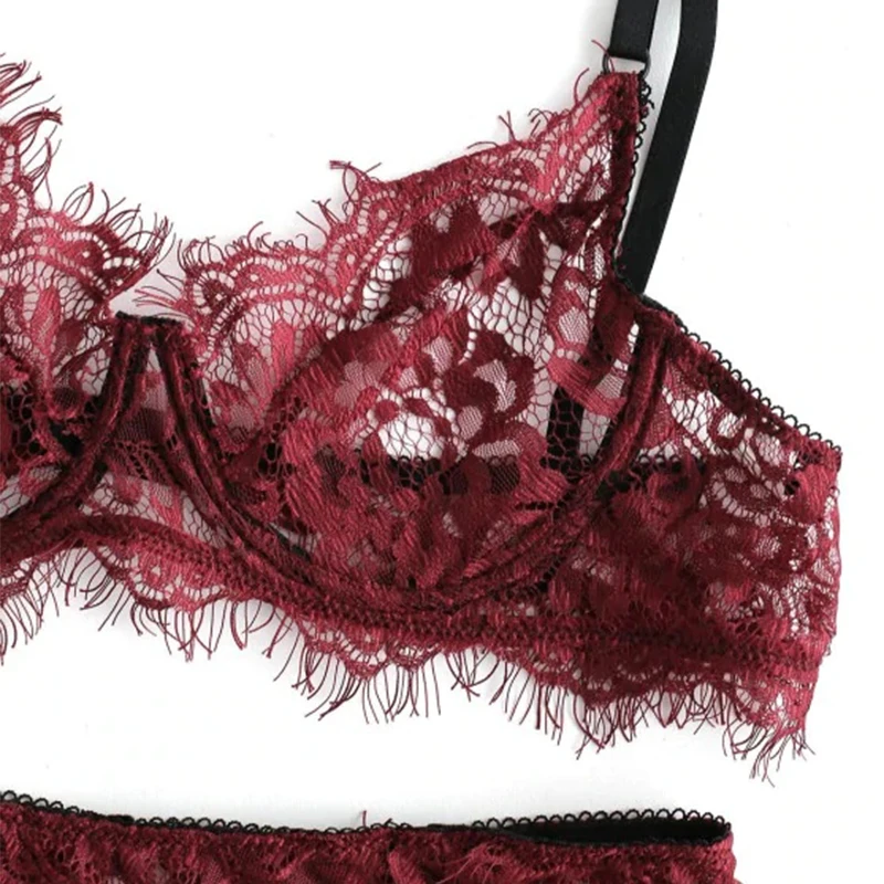 Aduloty Babydolls прозрачное сексуальное нижнее белье комплект нижнего белья с контрастной окантовкой на косточках с кружевной подвязкой-красное Вино
