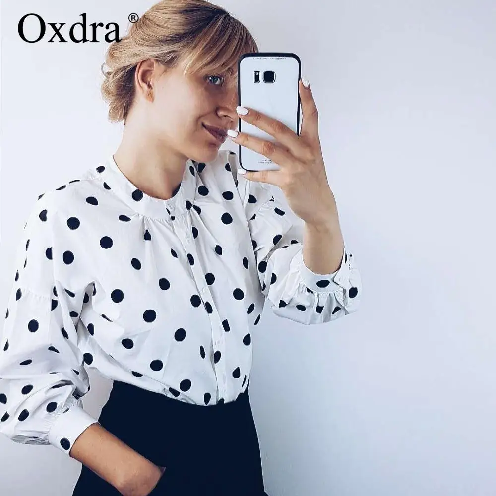 Oxdra 2019 весенне осенние винтажные блузки на пуговицах в горошек свободные рукава