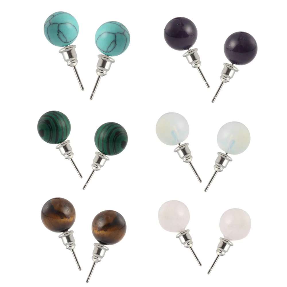 

Natural Stone Earrings Round Beads Rose Quartzs/ Tiger Eyes Earrings Turquoisesd Stone Plated