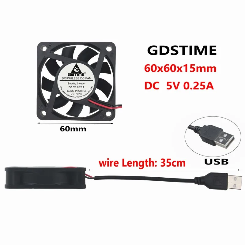 1 шт. Gdstime DC 5 В питание от USB 60 мм x 15 охлаждающий вентилятор 60x60x15 6 см 6015 компьютер VGA