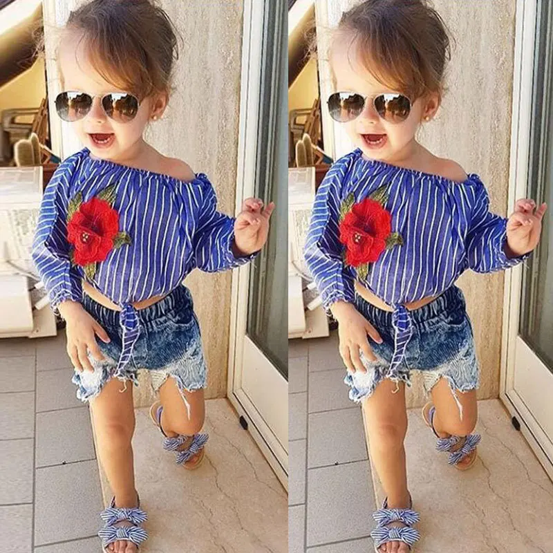 Новинка 2019 костюм для девочки с цветком розы топ в полоску джинсовые шорты 2