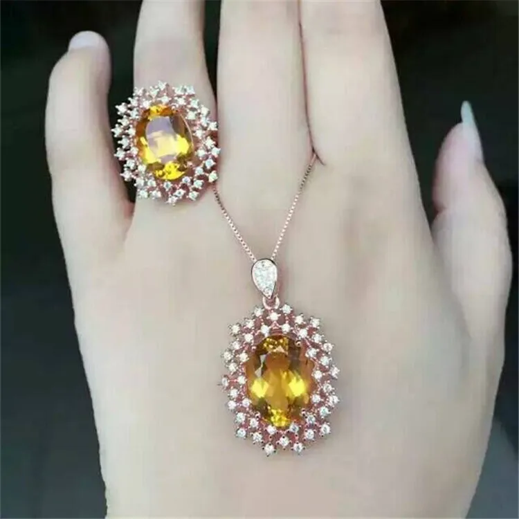 KJJEAXCMY boutique jewels 925 Чистое серебро инкрустация натуральный снег Кристалл желтый кристалл женское кольцо+ ожерелье+ кулон набор инкрустация - Цвет камня: Золотой