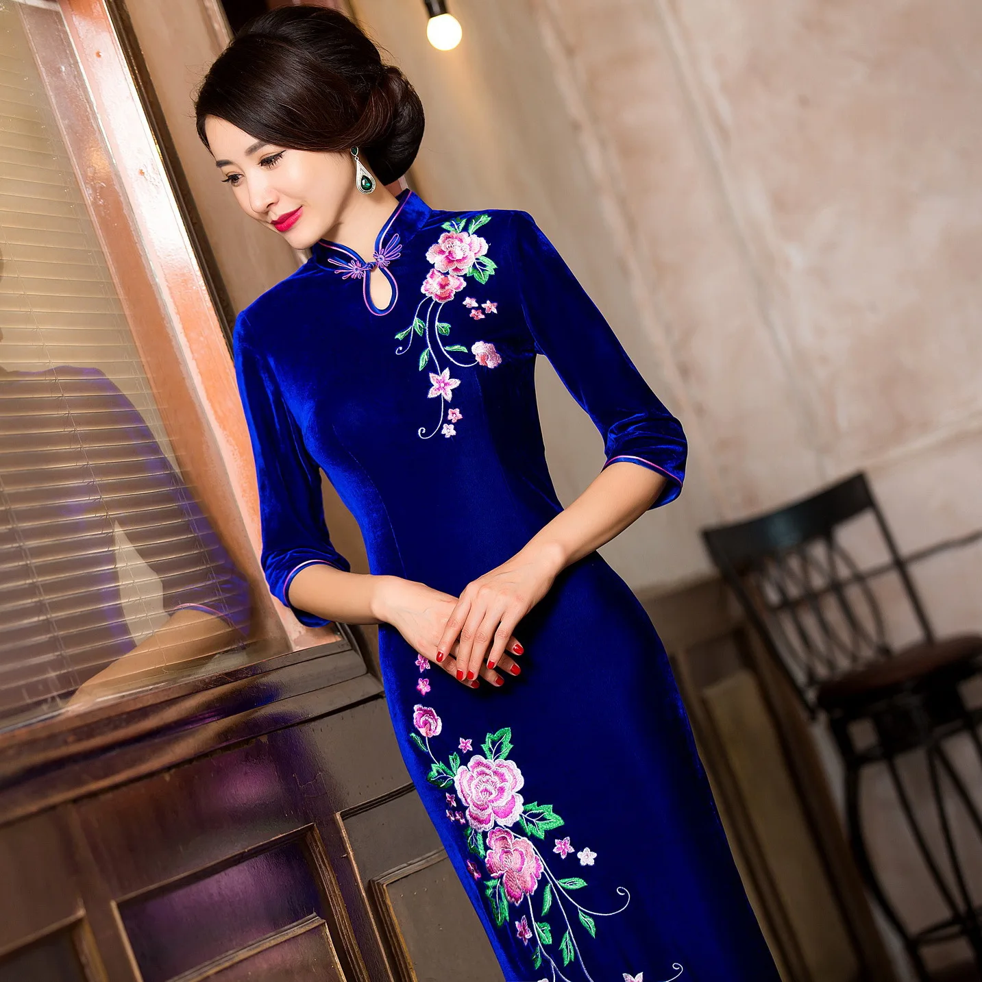 Королевское синее платье-Ципао из искусственного велюра велюровое бархатное