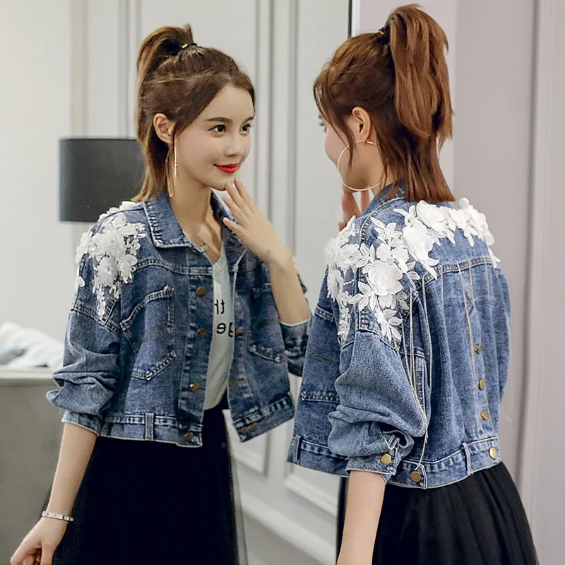 Korobov Autumn New Flower Appliques Denim Jackets Women Single Breasted Pockets Crop Jacket Korean Tassel Jeans 78197 | Женская одежда