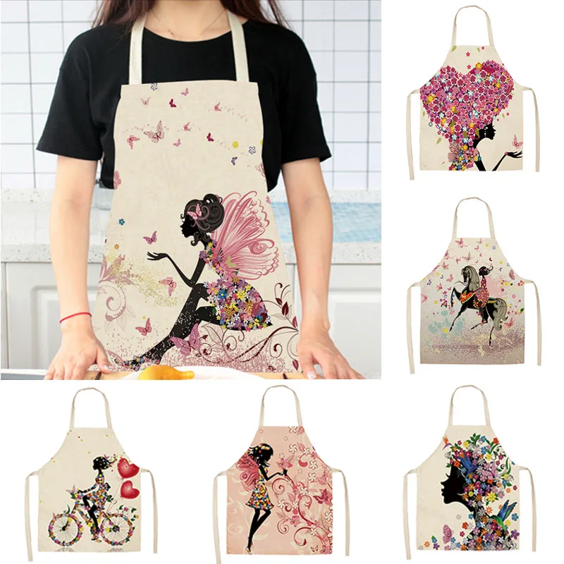 

Cotton Linen Easy Cleaning Flower Butterflies Girl Printed Waist Bib Women Aprons 68x49cm/49x40cm Home Cooking Tool Waterproof