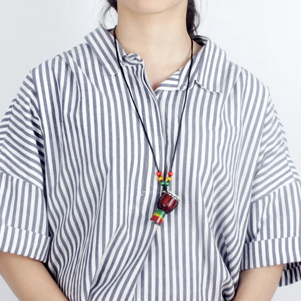 

Handmade Dejembe African Drum Necklace Percussion Instrument Accessories Wood Color with Black Wire