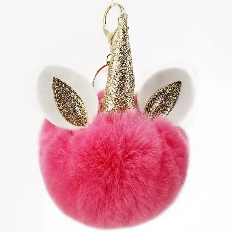 

Cute Pu Gold Powder Unicorns Keychains Pompom Balls Handmade Ornament Women Bags Charm key Rings Pendants Decoration Key chain
