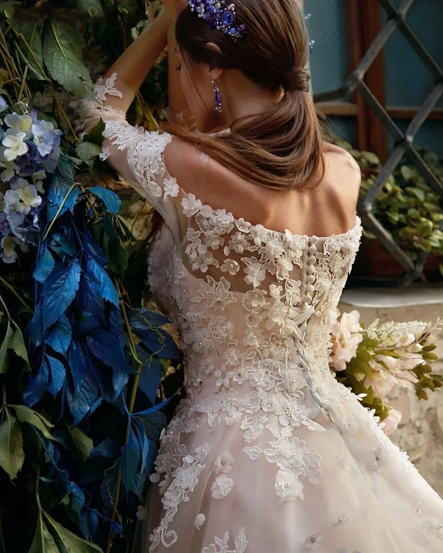 Robe de mariée Gelinlik Кружева Цветок Свадебное Платье С Длинным Рукавом Плеча Тюль