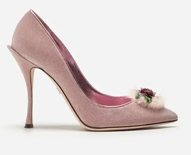 

Carpaton 2019 Autumn Trendy New pink pointed high heels women's velvet cloth rose otter hair ball decoration fine heel shoes