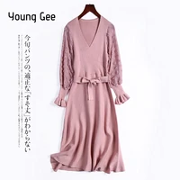 young gee chic autumn elegant pink sweater dress women sexy v neck sweet flare sleeve a line knit mini bodycon slim dresses