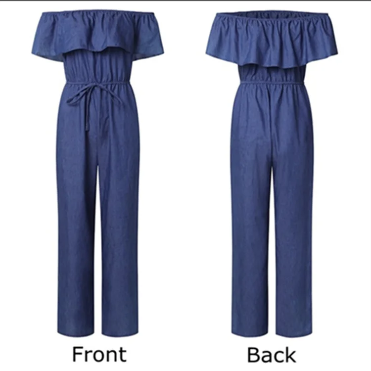 Женский джинсовый комбинезон с открытыми плечами и оборками большого размера