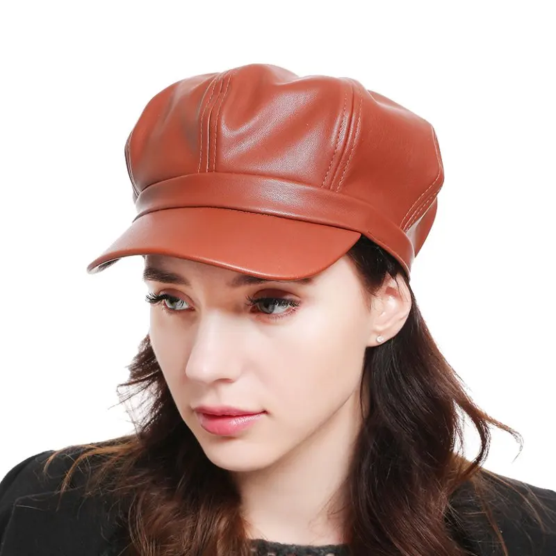 Шапка женская одноцветная из искусственной кожи восьмиугольная gorra mujer Кепка Женская британская ретро Повседневная Кепка модная художница Кепка для улицы
