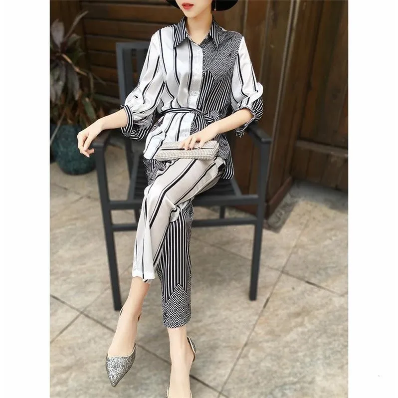 Spring Striped 2 Piece Set Women Office Lady Two Outfits Conjunto Feminino Ensemble Femme Deux Pieces Woman Suit | Женская одежда