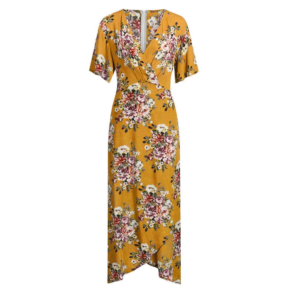Женское платье с цветочным принтом Boho длинное пляжное глубоким вырезом и