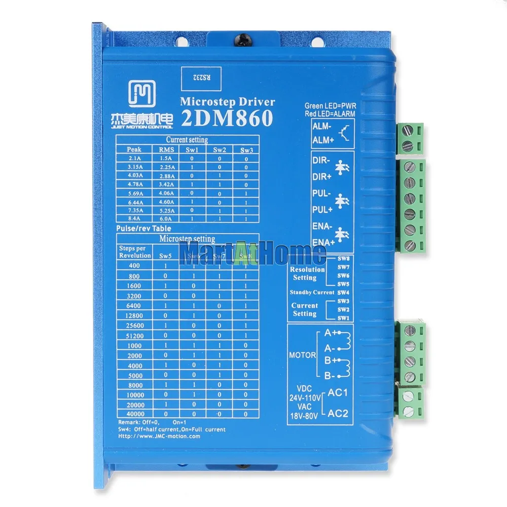 CNC 2-фазный цифровой шаговый Драйвер 2DM860 24 ~ 80V AC 30 110V DC 7.5A 200KHz микро шаги 51200
