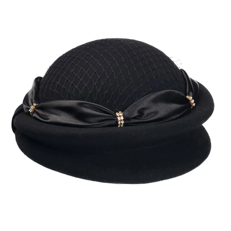 Женский шерстяной берет FS Шляпка из фетра с бантом и сеткой черного цвета зимняя