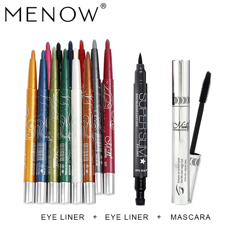 MENOW Brand Make up set 12Colors Waterproof Eyeliner Pencil Lip liner & Fashion Star Eye Liner &Silver Tube Curling Mascara 5435|Наборы для