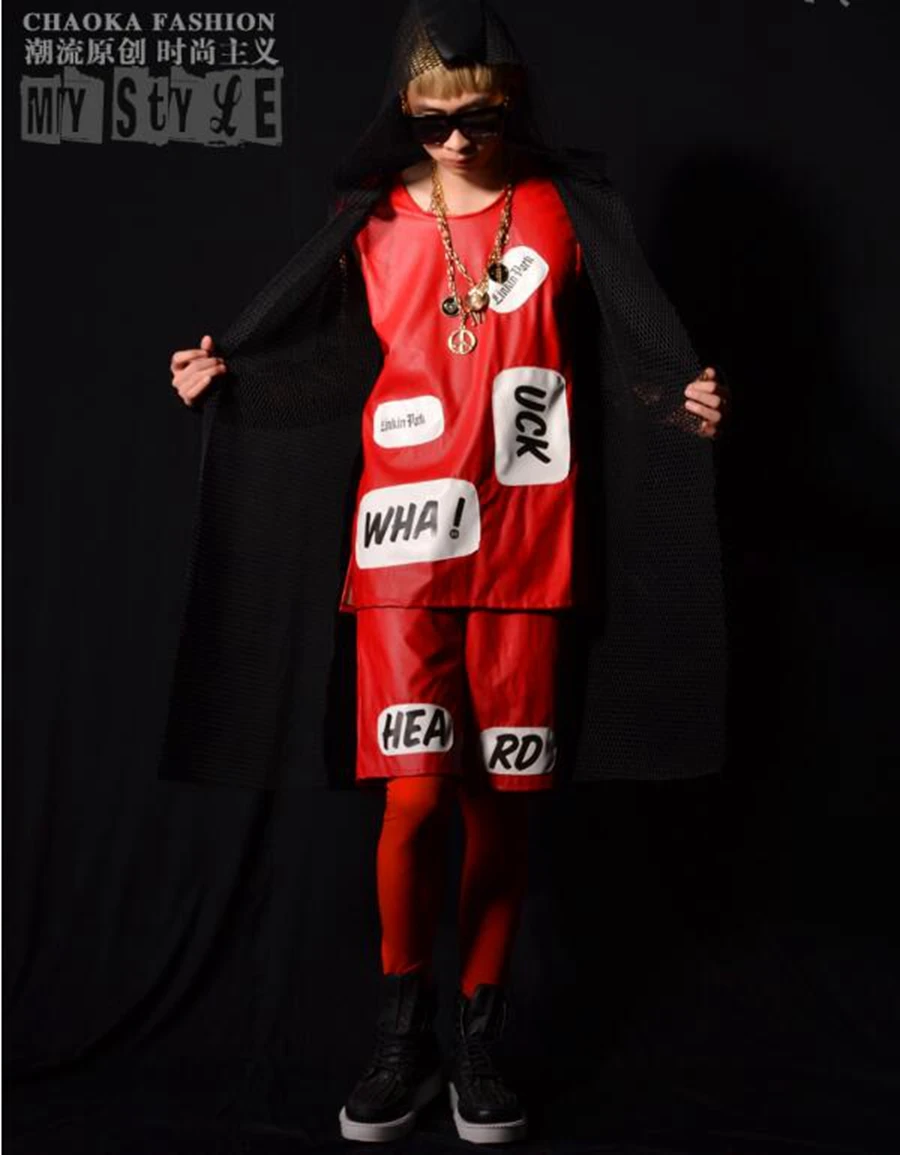 Men's new personality fashion boutique host bar singer cloak stage costumes dance clothing and leather vest suits / M-2xl |